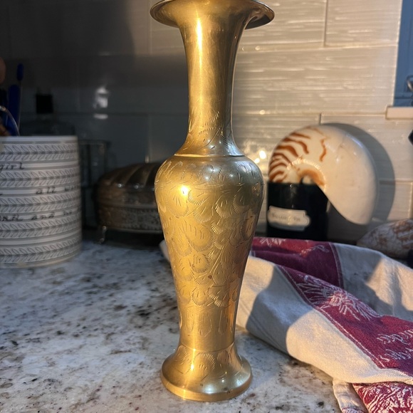 Gold Etched Brass Vase has some surface spots but looks new